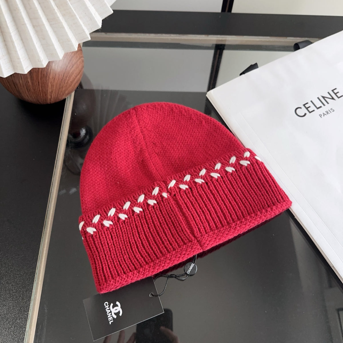 Red Knit Beanie with Contrast Stitching and Ribbed Cuff