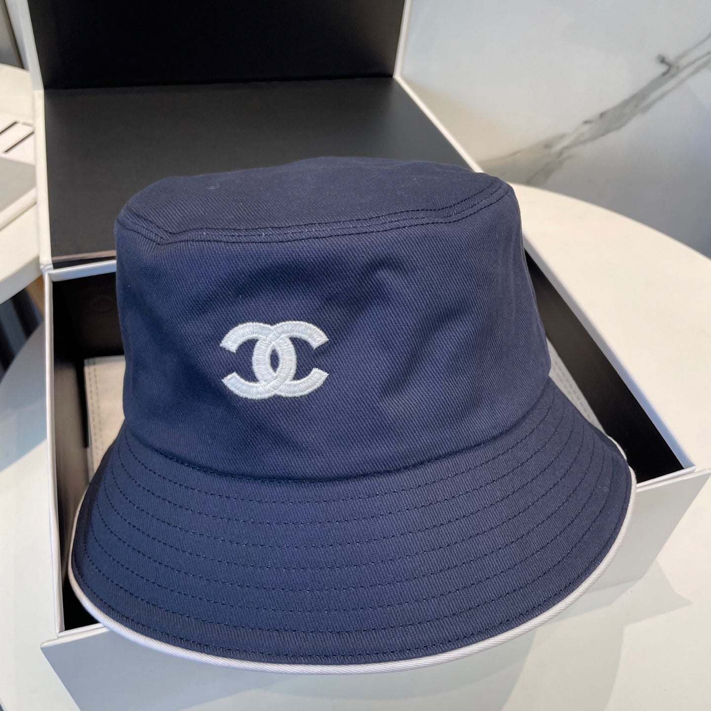 Navy Embroidered Bucket Hat with Contrast Trim