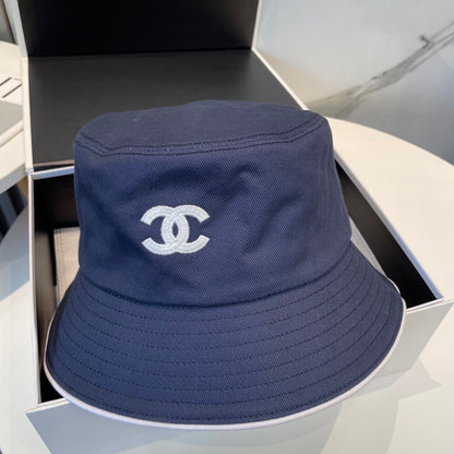 Navy Embroidered Bucket Hat with Contrast Trim