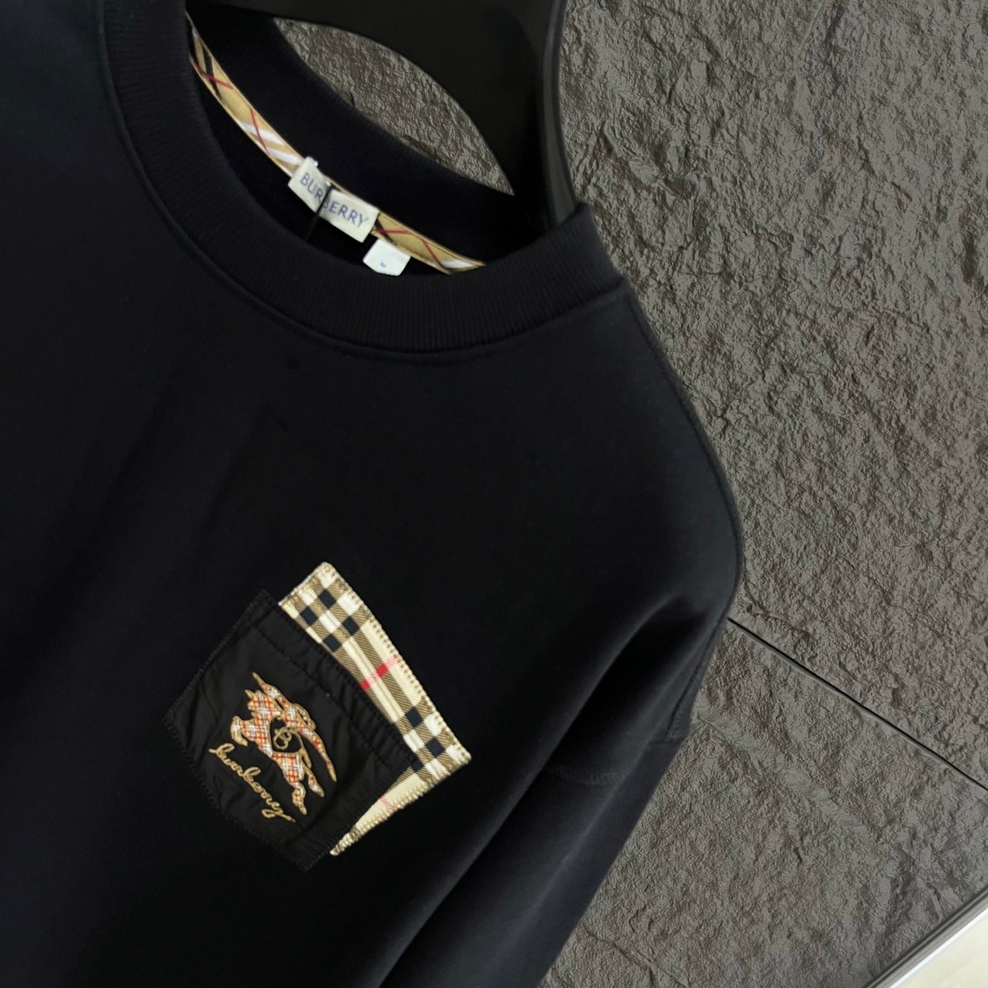 Plaid Trim Pocket Crewneck Sweatshirt