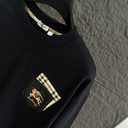 Plaid Trim Pocket Crewneck Sweatshirt