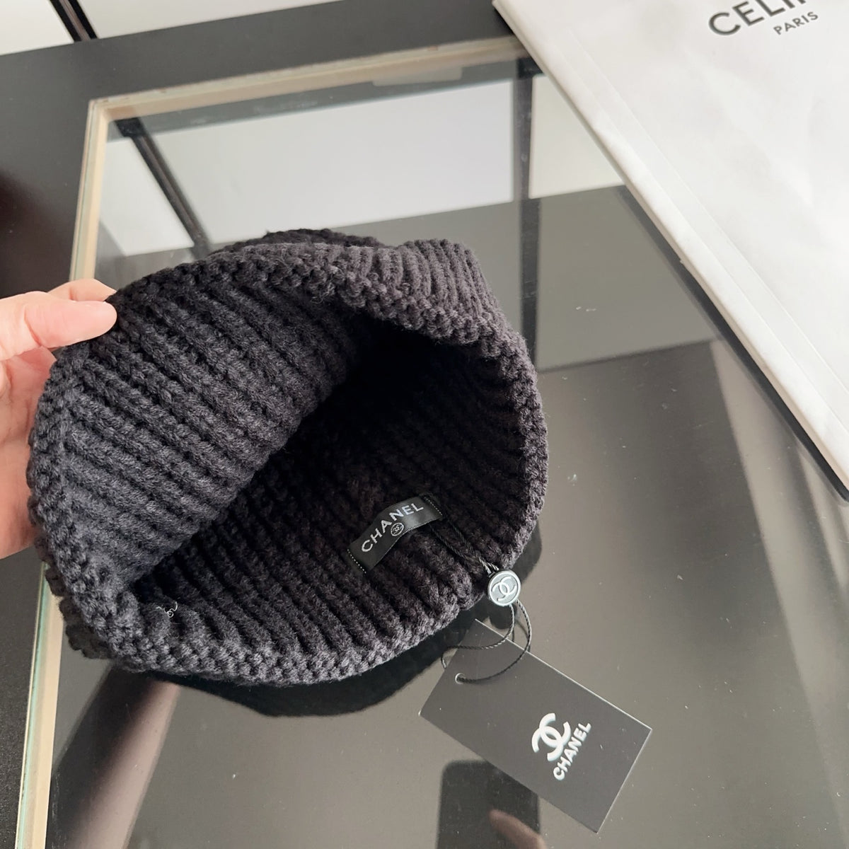 Black Textured Knit Beanie with Contrast Emblem