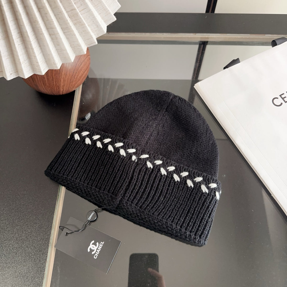 Black Ribbed Knit Beanie with Contrast Stitch Detail