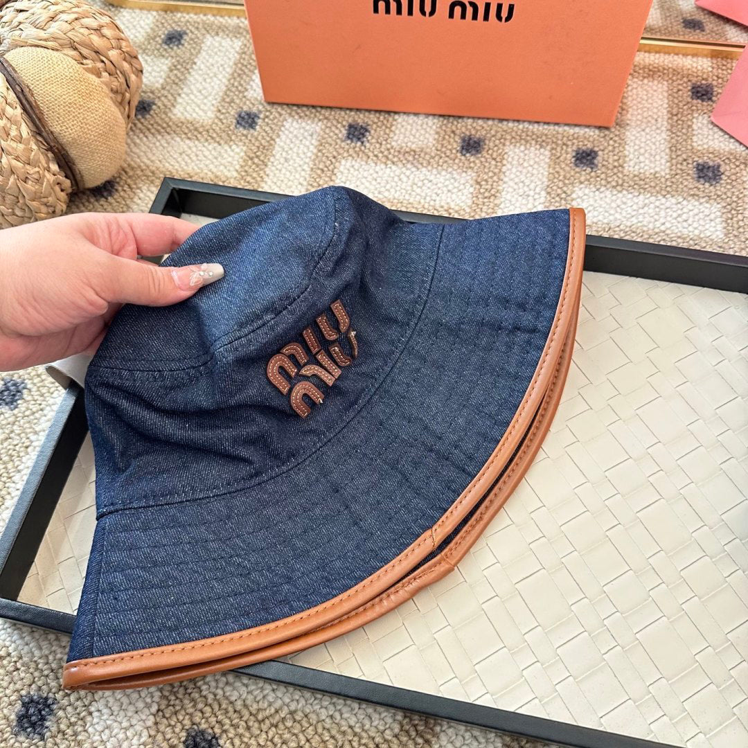 Denim Bucket Hat with Contrast Trim and Embroidered Detail