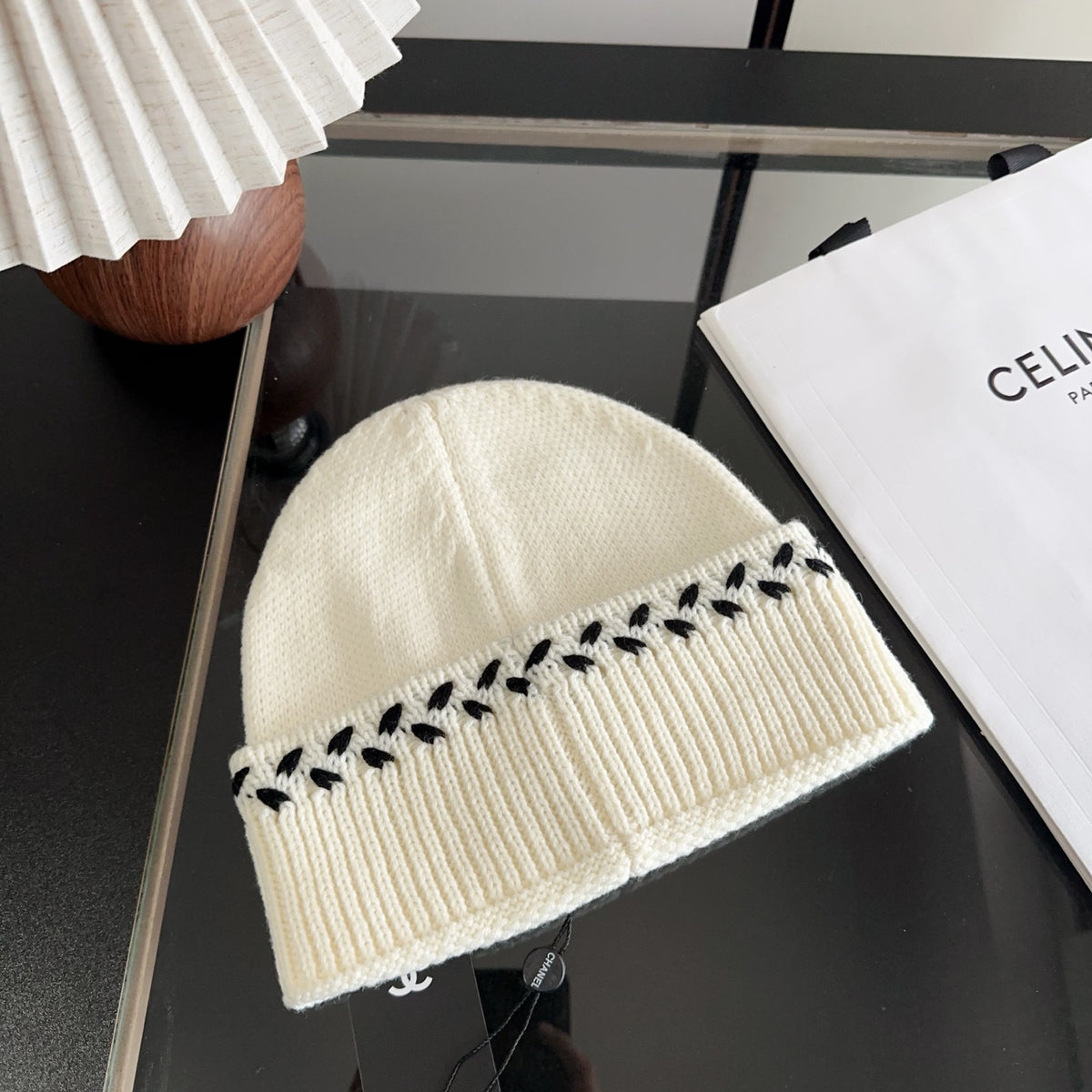 Ivory Ribbed Knit Beanie with Black Stitch Detail