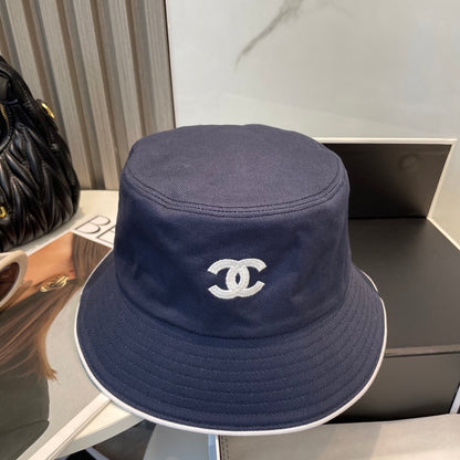 Navy Embroidered Bucket Hat with Contrast Trim