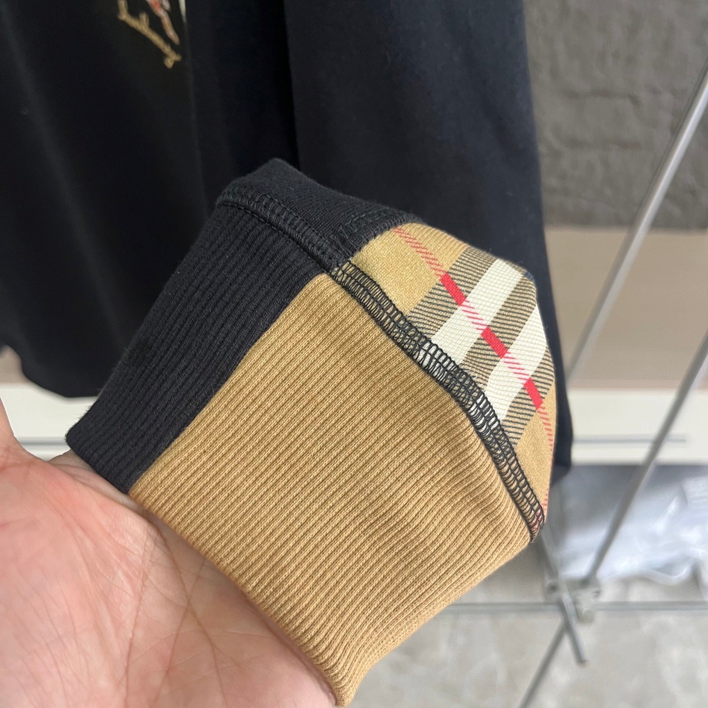 Plaid Trim Pocket Crewneck Sweatshirt