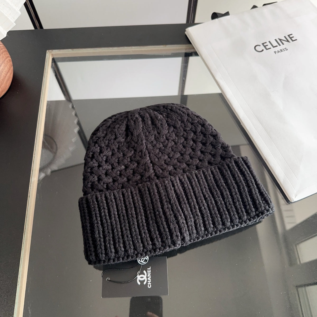Black Textured Knit Beanie with Contrast Emblem