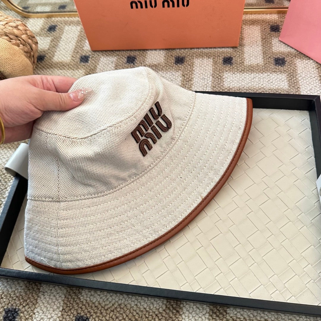 Embroidered Canvas Bucket Hat with Faux Leather Trim