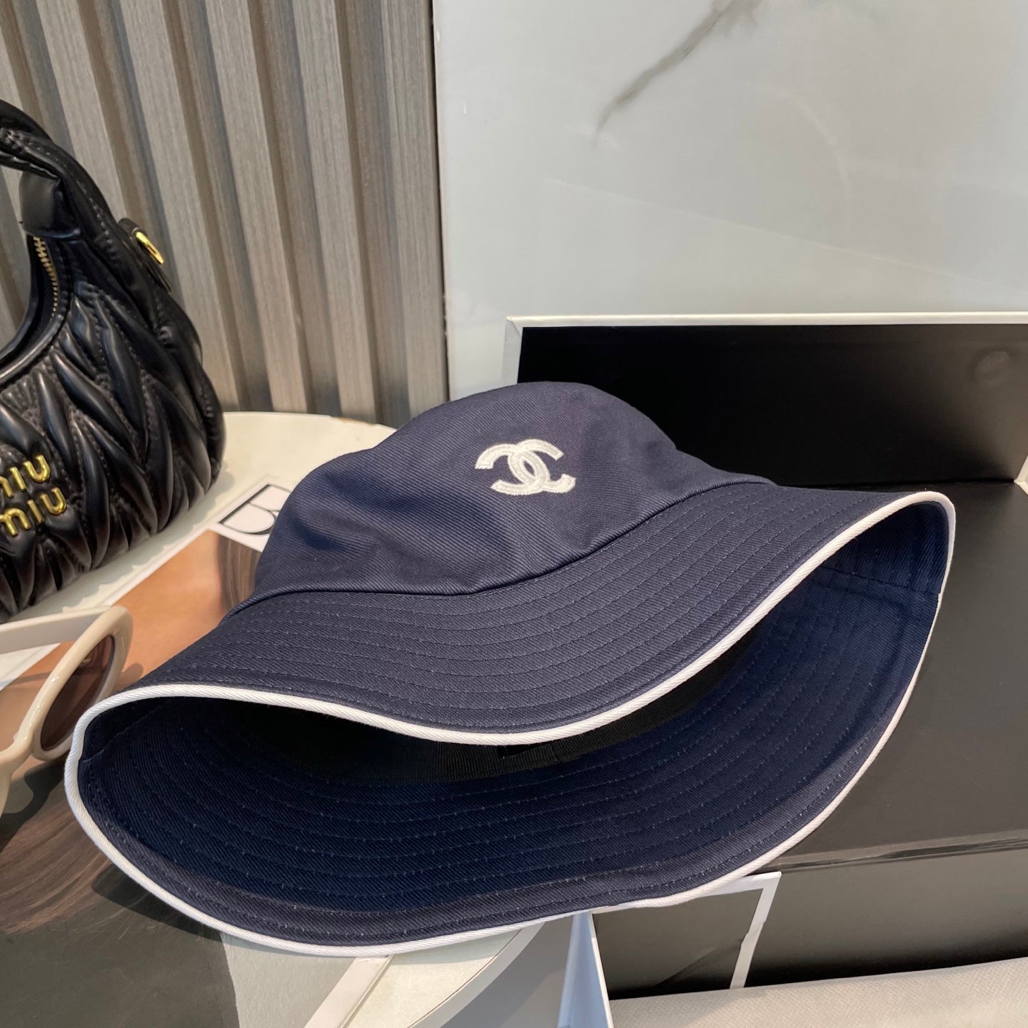 Navy Embroidered Bucket Hat with Contrast Trim