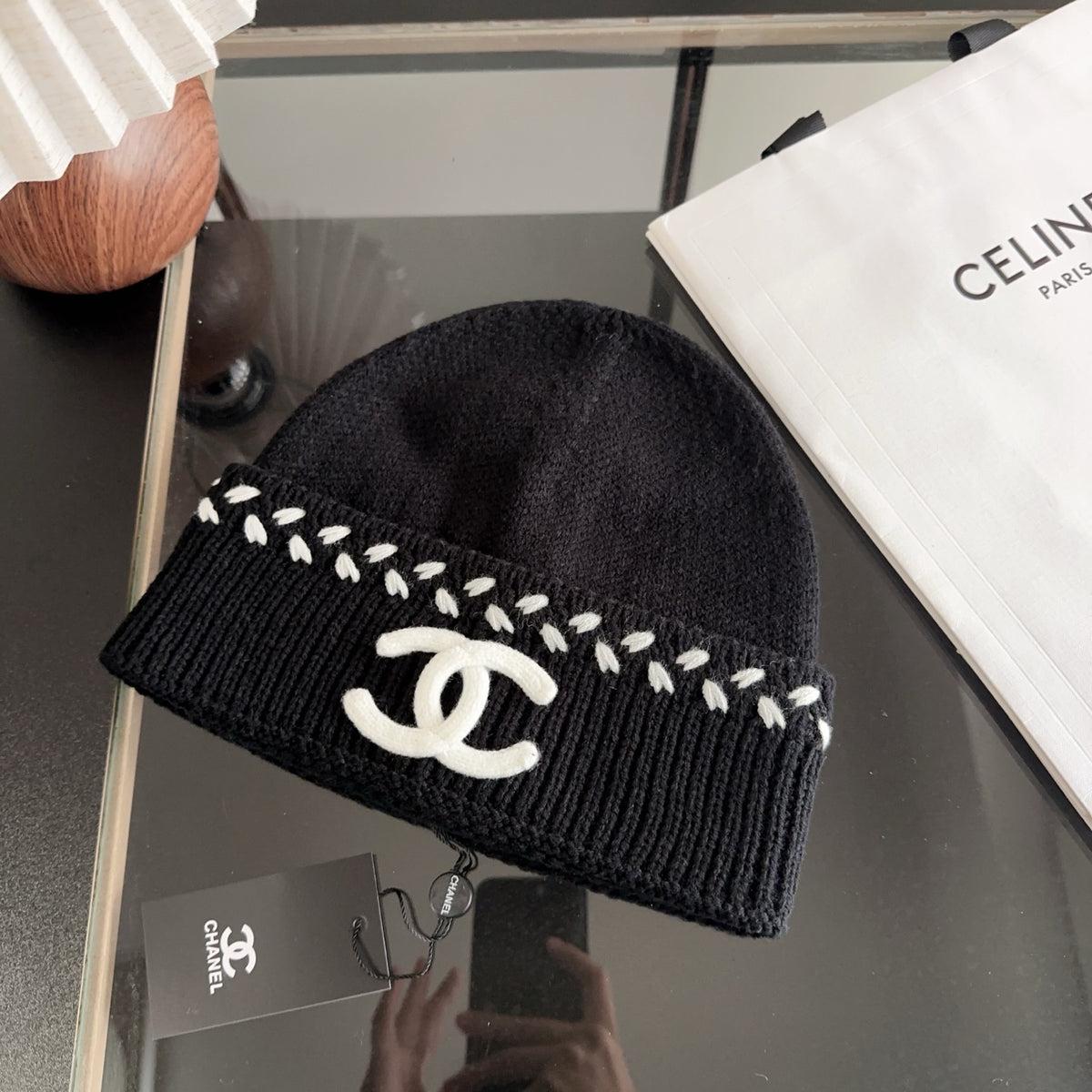 Black Ribbed Knit Beanie with Contrast Stitch Detail