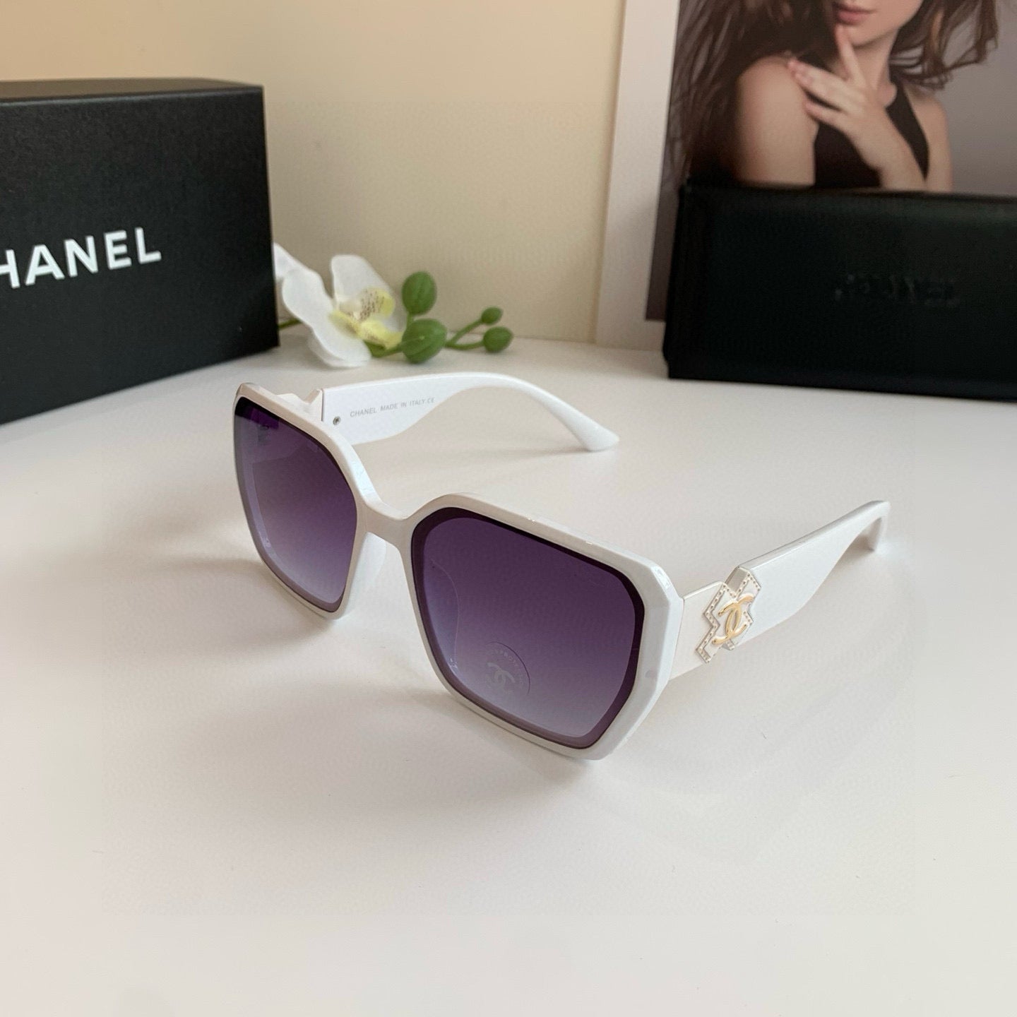 Oversized Square Sunglasses White Frame with Gradient Purple Lens