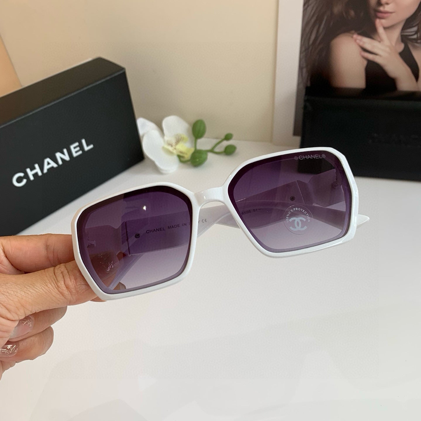 Oversized Square Sunglasses White Frame with Gradient Purple Lens