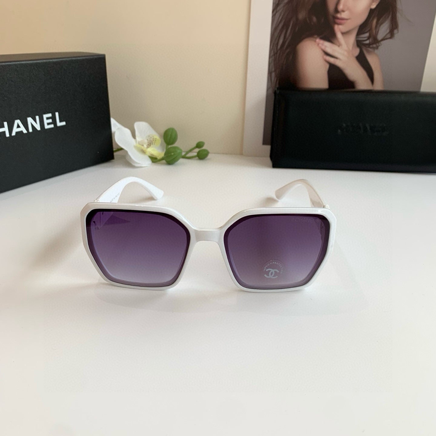 Oversized Square Sunglasses White Frame with Gradient Purple Lens