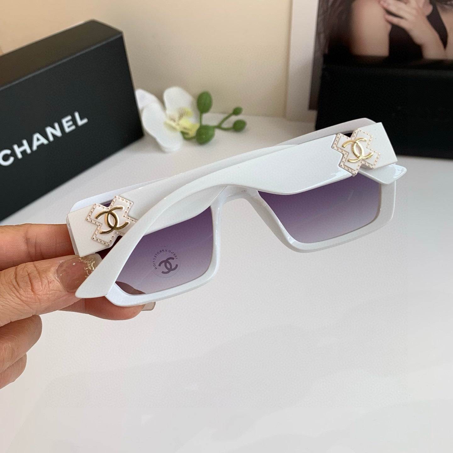 Oversized Square Sunglasses White Frame with Gradient Purple Lens