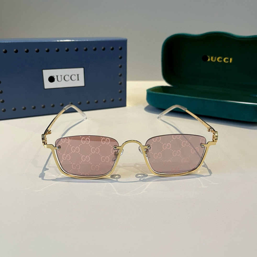 G/G Gold Rim Square Sunglasses with Pink Patterned Lenses