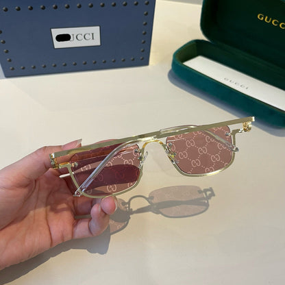 G/G Gold Rim Square Sunglasses with Pink Patterned Lenses