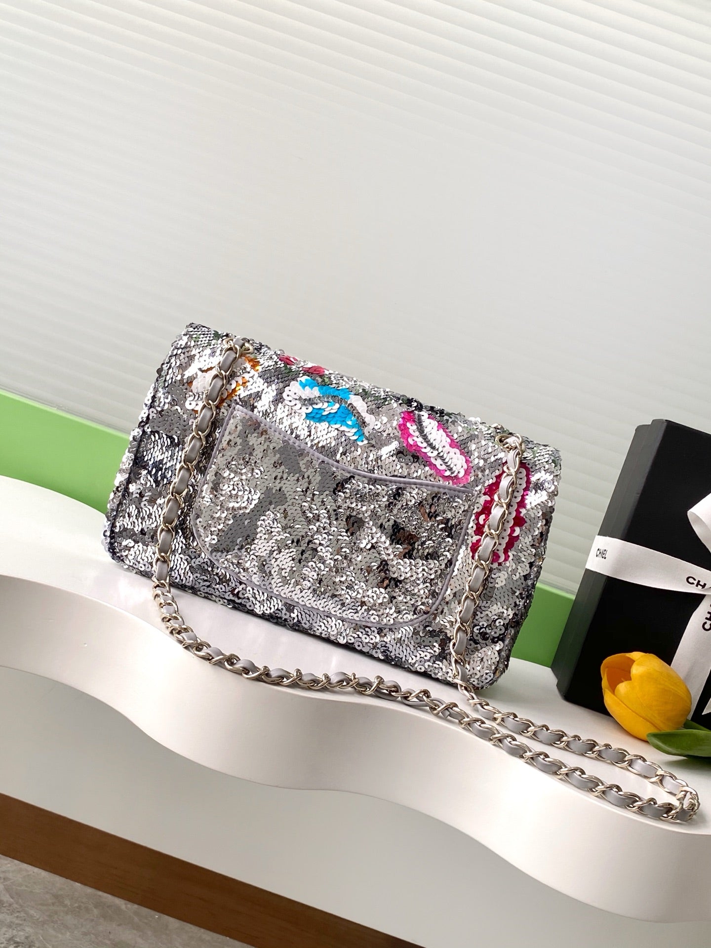 CC Sequin Embroidered Mini Flap Bag – Multicolor Silver
