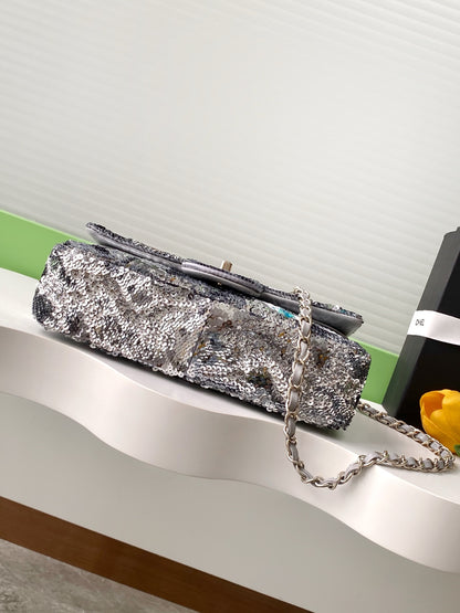 CC Sequin Embroidered Mini Flap Bag – Multicolor Silver