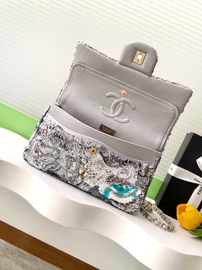 CC Sequin Embroidered Mini Flap Bag – Multicolor Silver