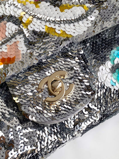 CC Sequin Embroidered Mini Flap Bag – Multicolor Silver