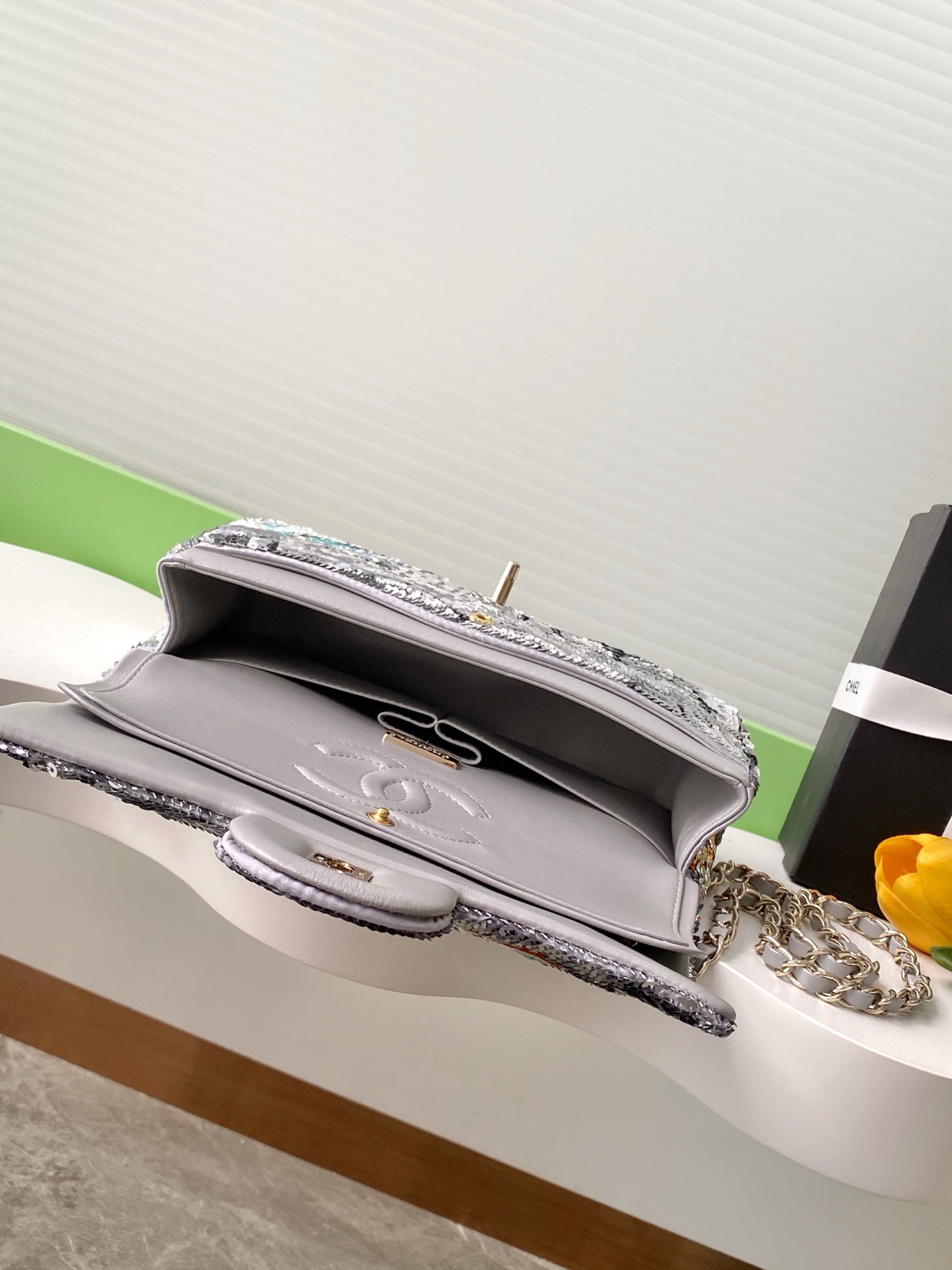 CC Sequin Embroidered Mini Flap Bag – Multicolor Silver